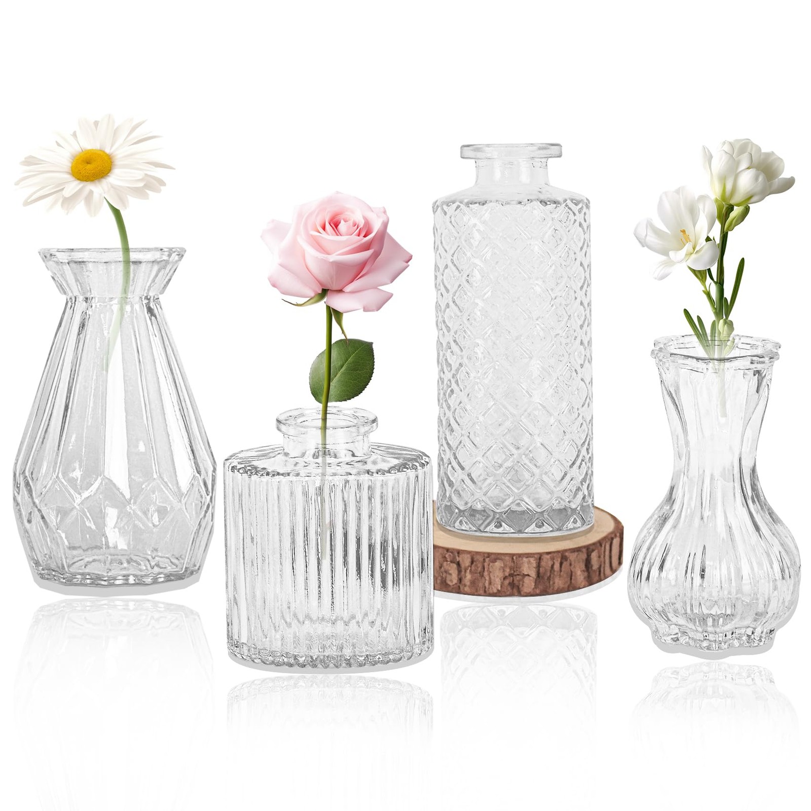 Set of 4 Glass Bud Vase Set, Small Vintage Clear Flower