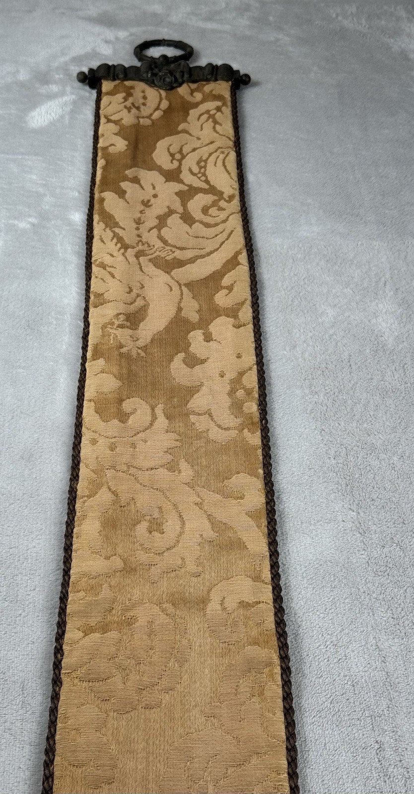 Vtg Wool Needlepoint Bell Pull Floral Motif Wall Hanging Hardware Ends 60×5”
