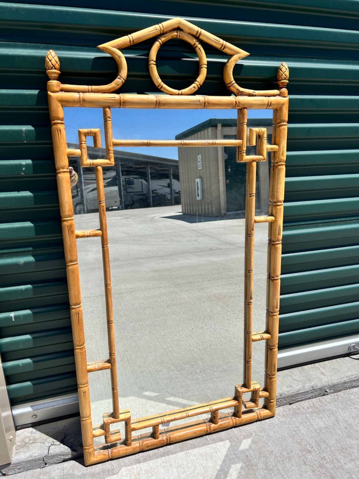 Vintage Asian Faux Bamboo Greek Key Pagoda Chinoiserie Wall Mirror 49”h