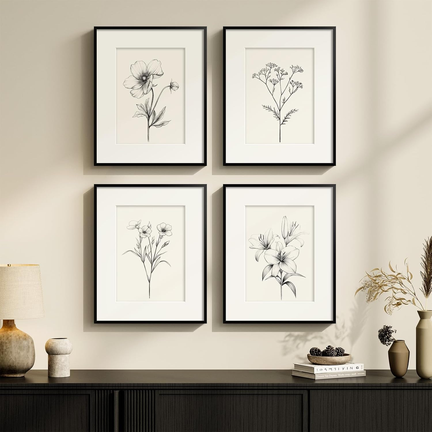 Framed Black & White Botanical Art Set – 4 Minimalist Floral Prints, 8×10 Inch