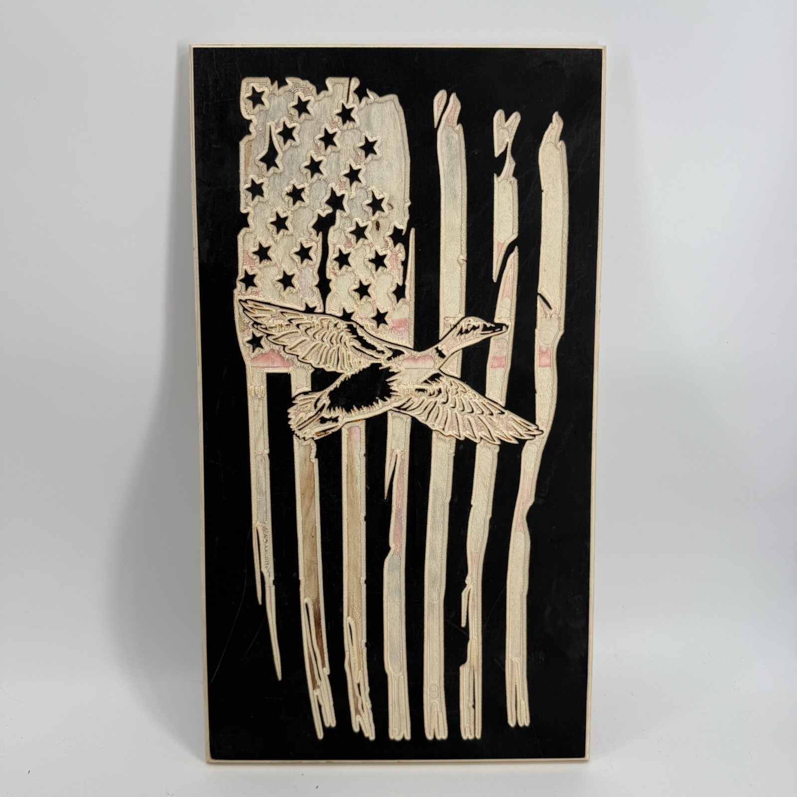 Duck American Flag Laser Cut/Engraved Wooden US Handmade 18&Prime; x 10&Prime; Distressed