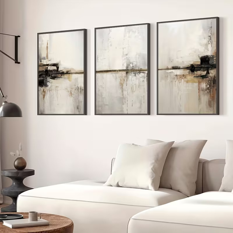 3 Panel Neutral Abstract Wall Art Print, Beige Grey Modern Minimalist Triptych