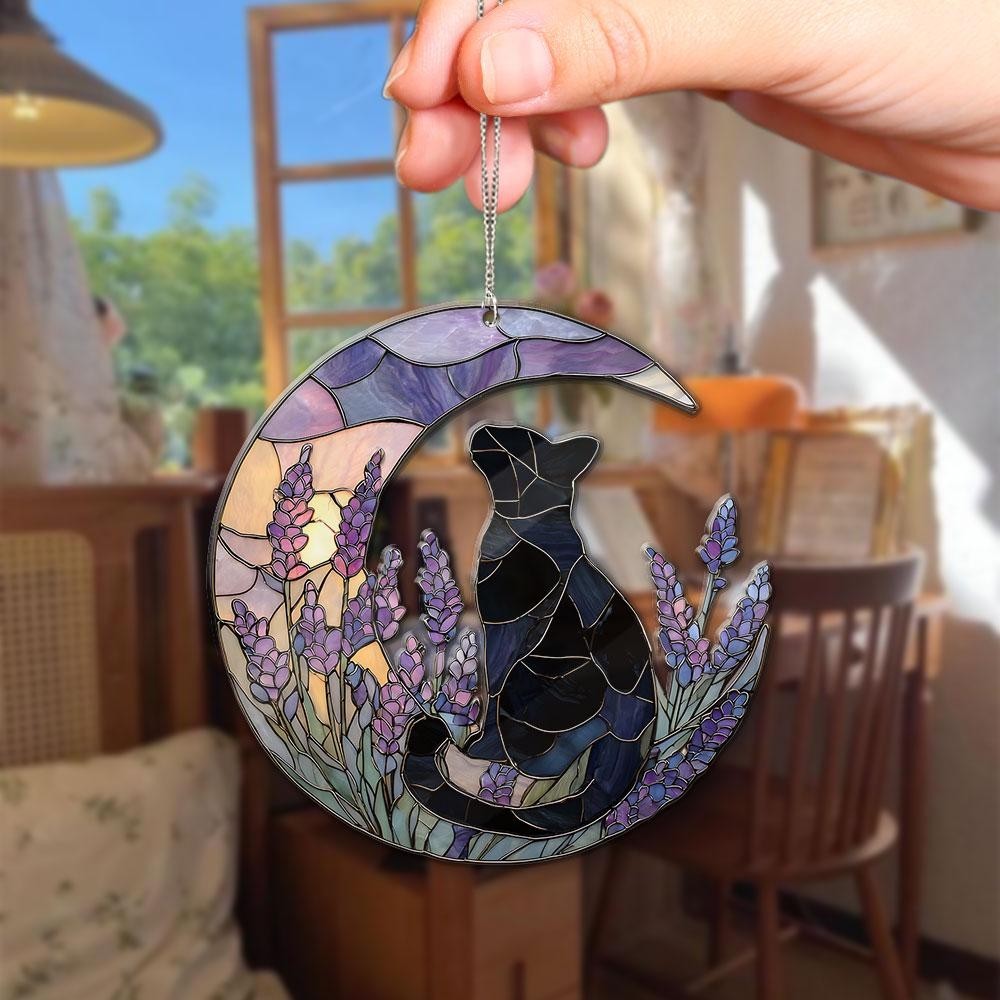 Cat on Moon ACRYLIC Suncatcher, Black Cat Window Hanging