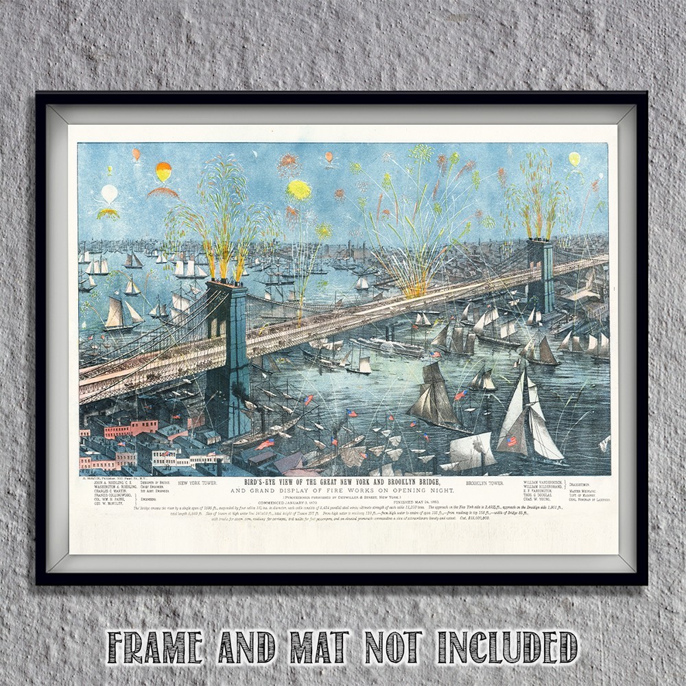 Brooklyn Bridge 1883 Fireworks Opening Night Bird’s Eye View Vintage Print