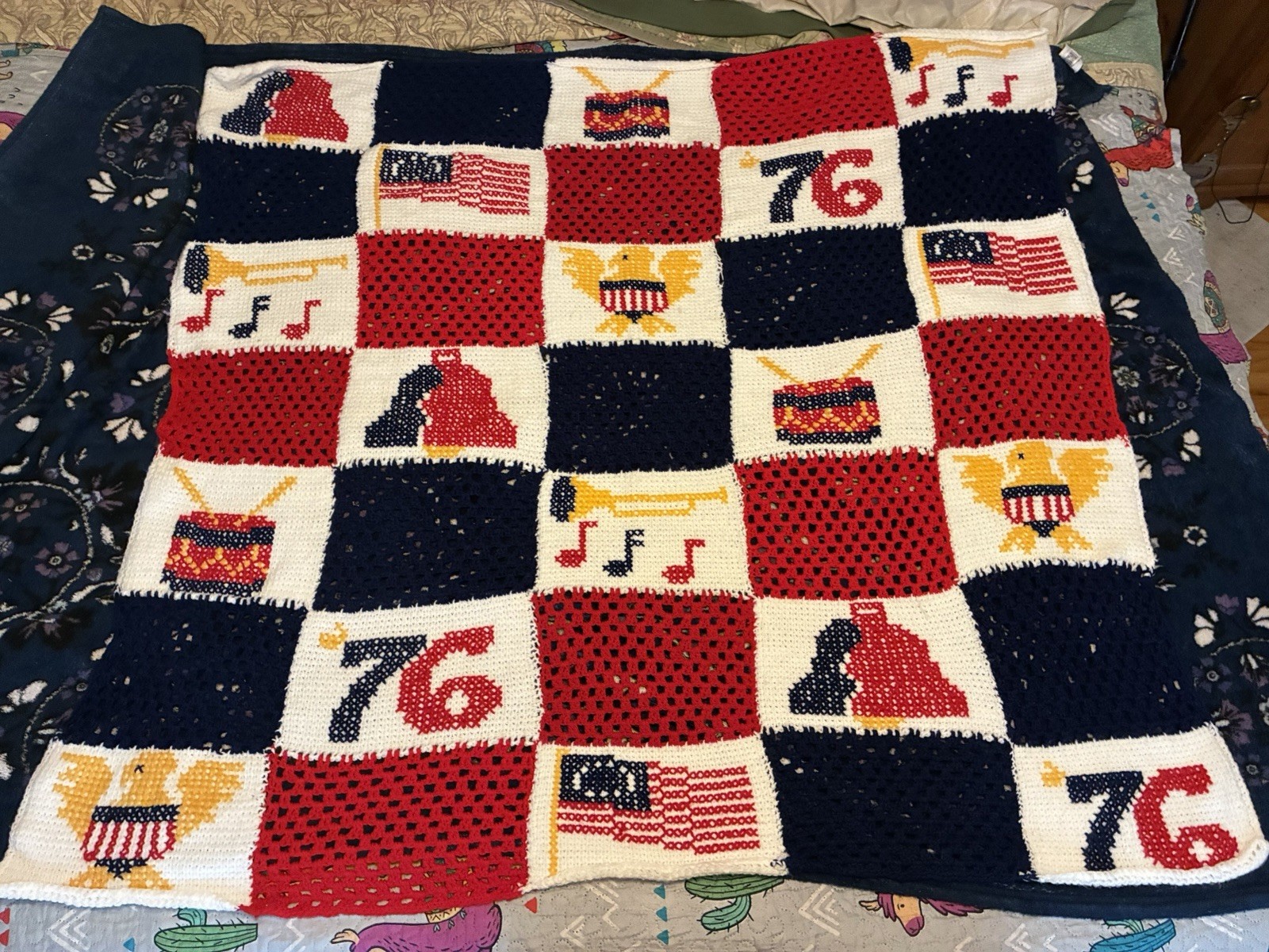 Vtg 1976 Bicentennial Fourth Of July Crochet Afghan Blanket Throw Art Patriotic