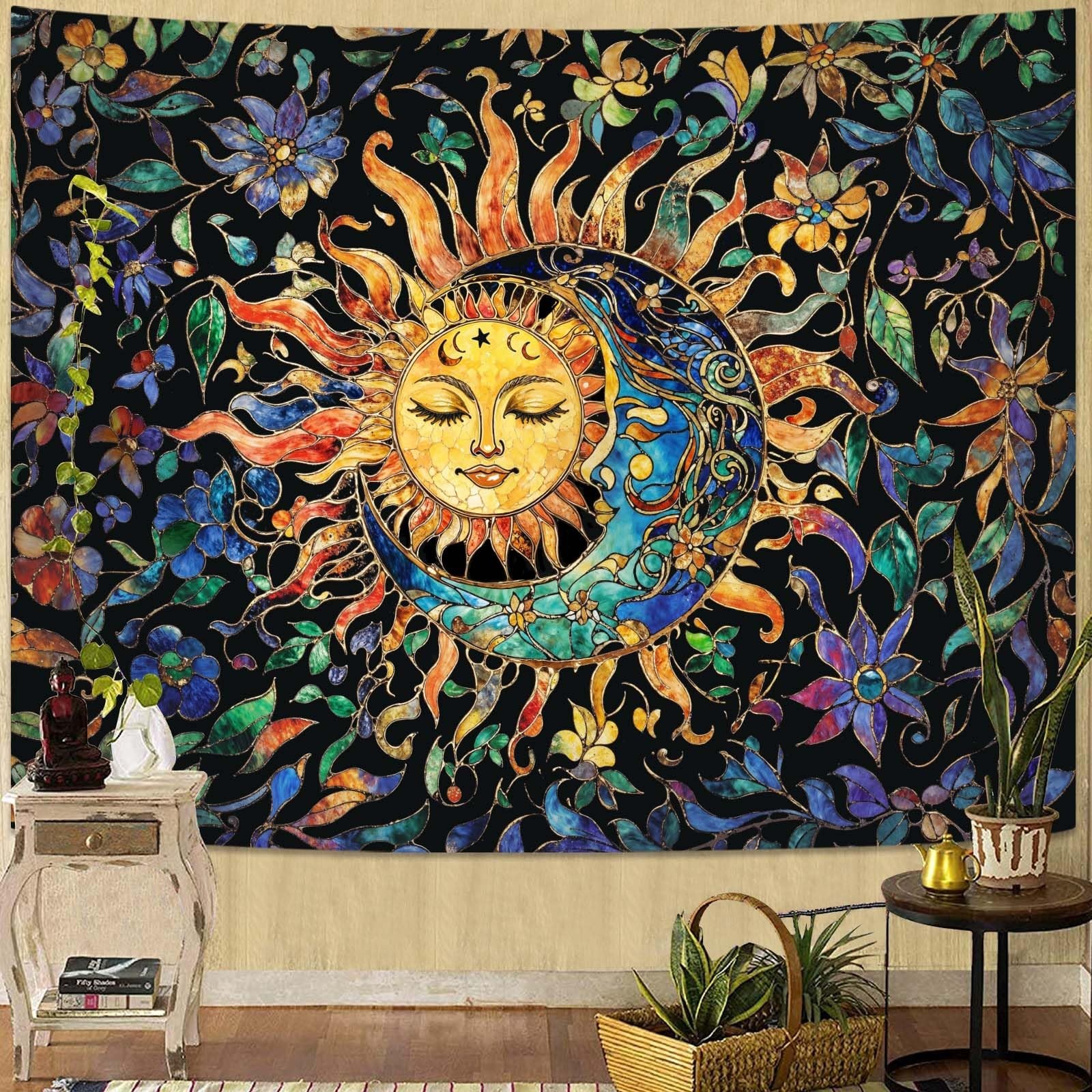Hippie Wall Hanging, Sun Moon Tapestry, Boho Decor, Floral Multicolor