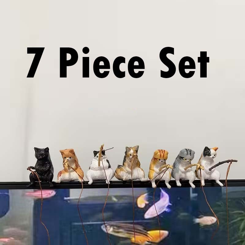 7pc Fishing Cat Figurines Miniature Garden Pond Aquarium Decor Cute Resin Set