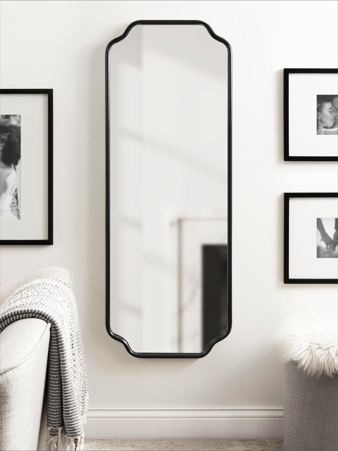 Modern Black Scalloped Full Length Wall Mirror – 18×48 for Bedroom or Entryway