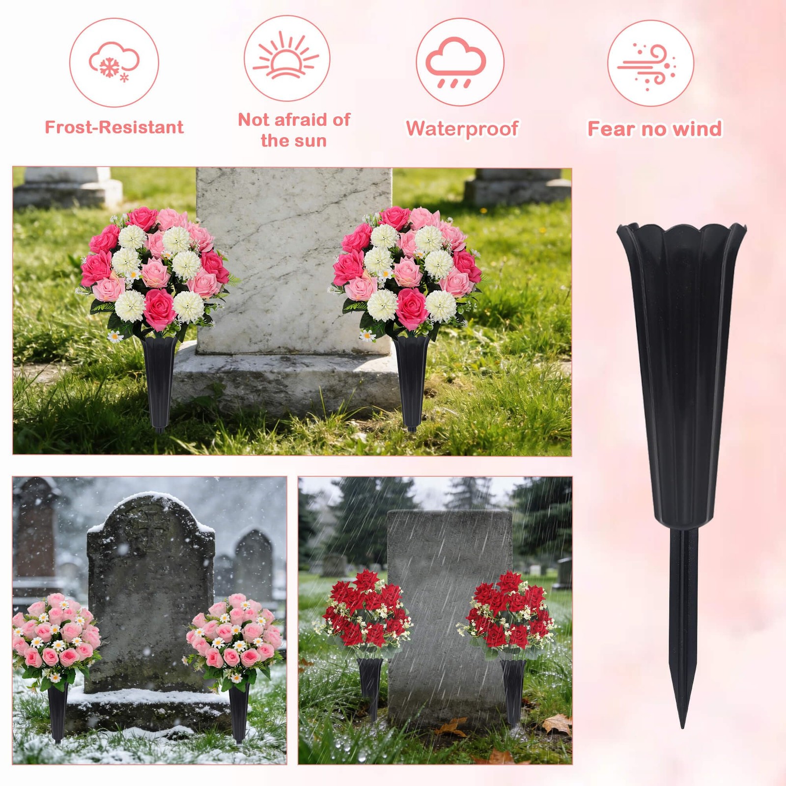 Memorial Floral Vases, Cemetery Vase, Headstones Flower Holder, Plastic,6 Pack