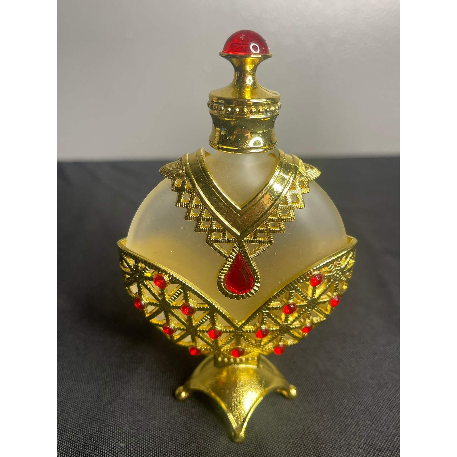 Vintage Style Gold Filigree Frosted Glass Perfume Bottle Red Rhinestones 4.75in
