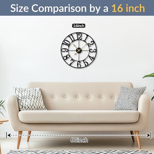 Arabic Numeral Wall Clock 16IN Battery Operated Black, 16in Black Metal-arabic