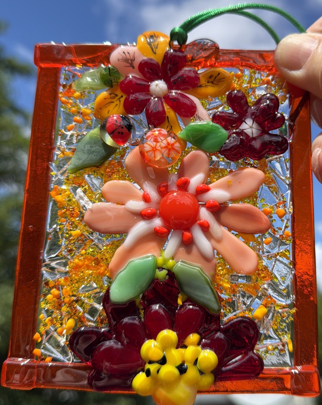 Fused Glass Handmade Flowered Rectangular Multicolor Sun Catcher Signed