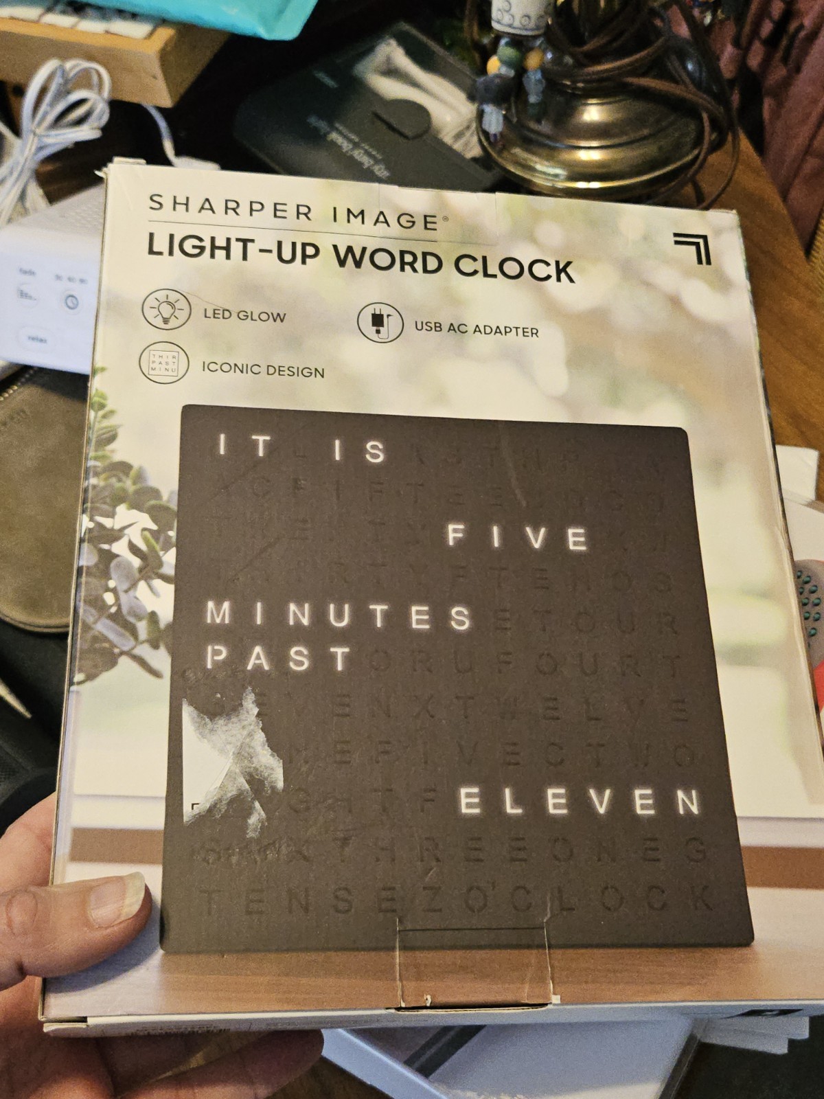 New In Box Sharper Image® LED Light-up Word Clock, 7.75&Prime;, Electronic Desk Clock