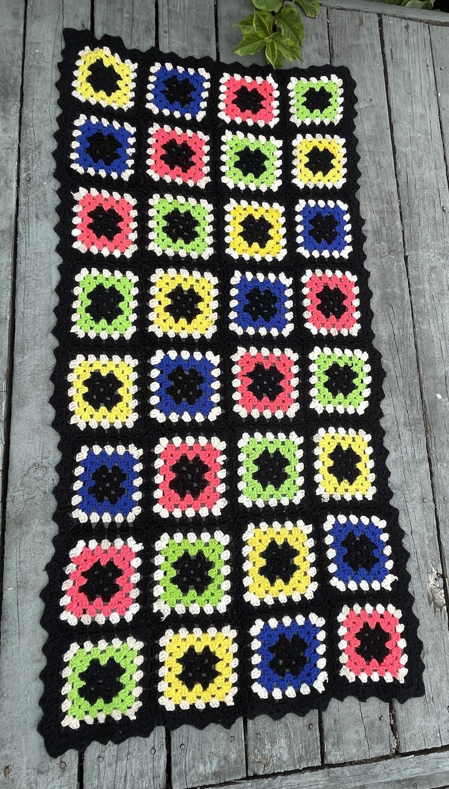 Vtg Granny Square Afghan THROW Black Boarder Colorful Squares Handmade 29”x60”