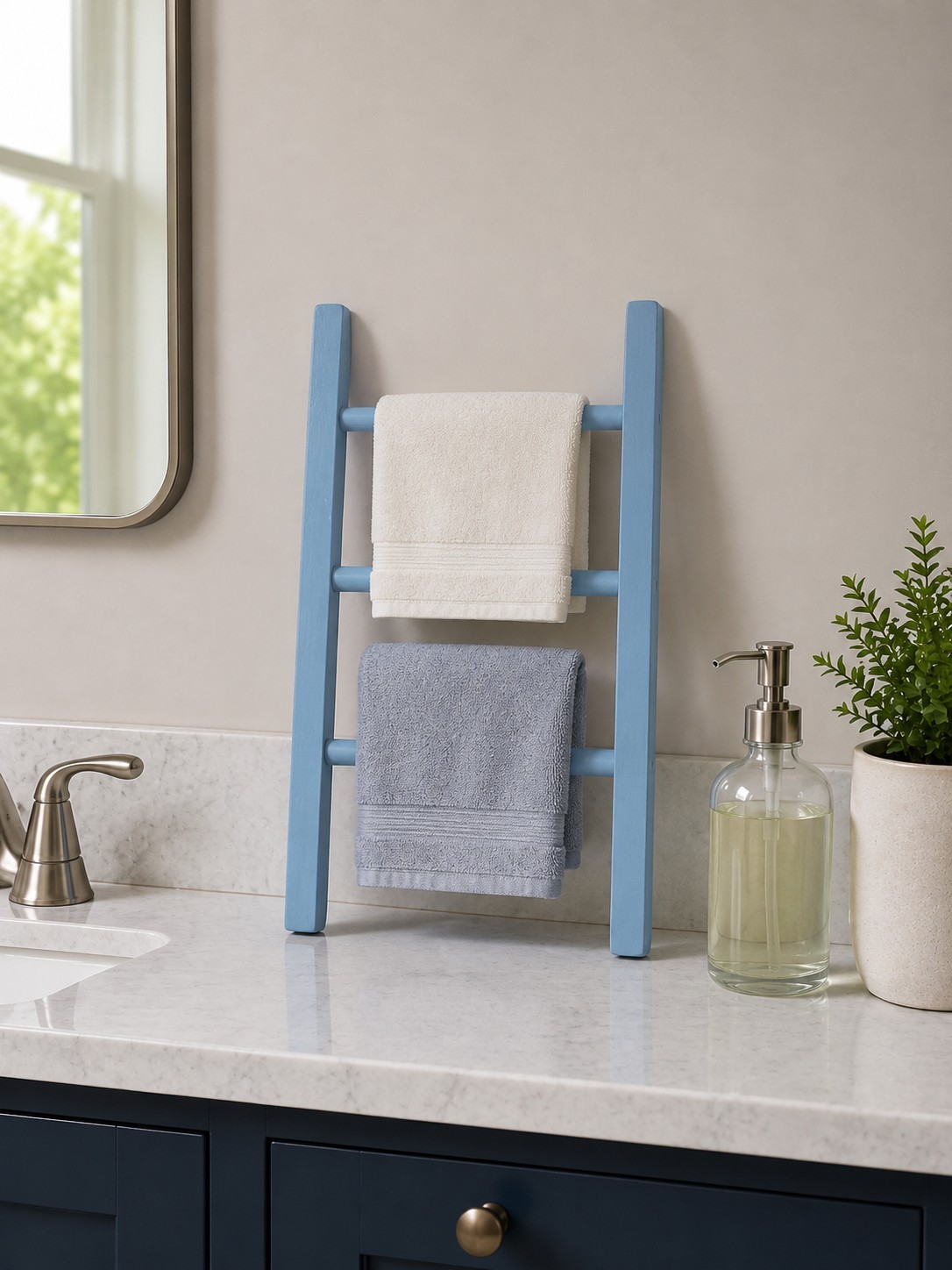 Small Blue 3 Rung Free Standing Decorative Towel Ladder 17.5&Prime; x 11.5&Prime; x 1.5&Prime;