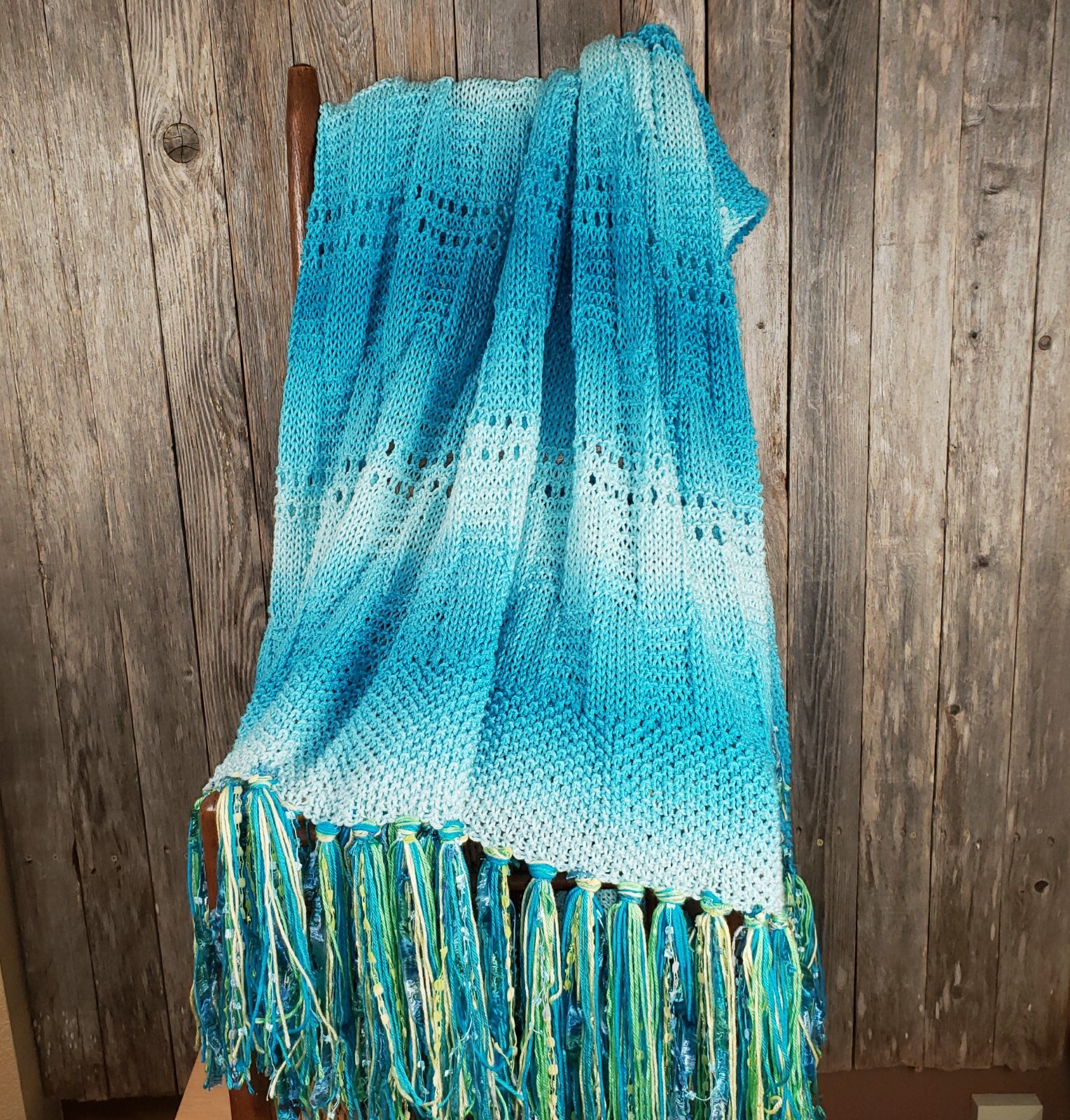 NEW Turquoise Blue Ombre Handmade Knitted Afghan Throw Knit Gift Decor Whimsy