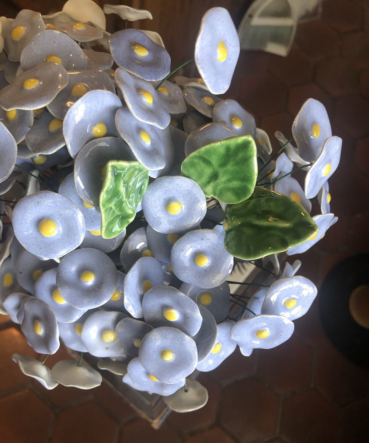 10 Polish Light Blue Ceramic Flowers 10&Prime; Stem Yellow pistils Made in Poland
