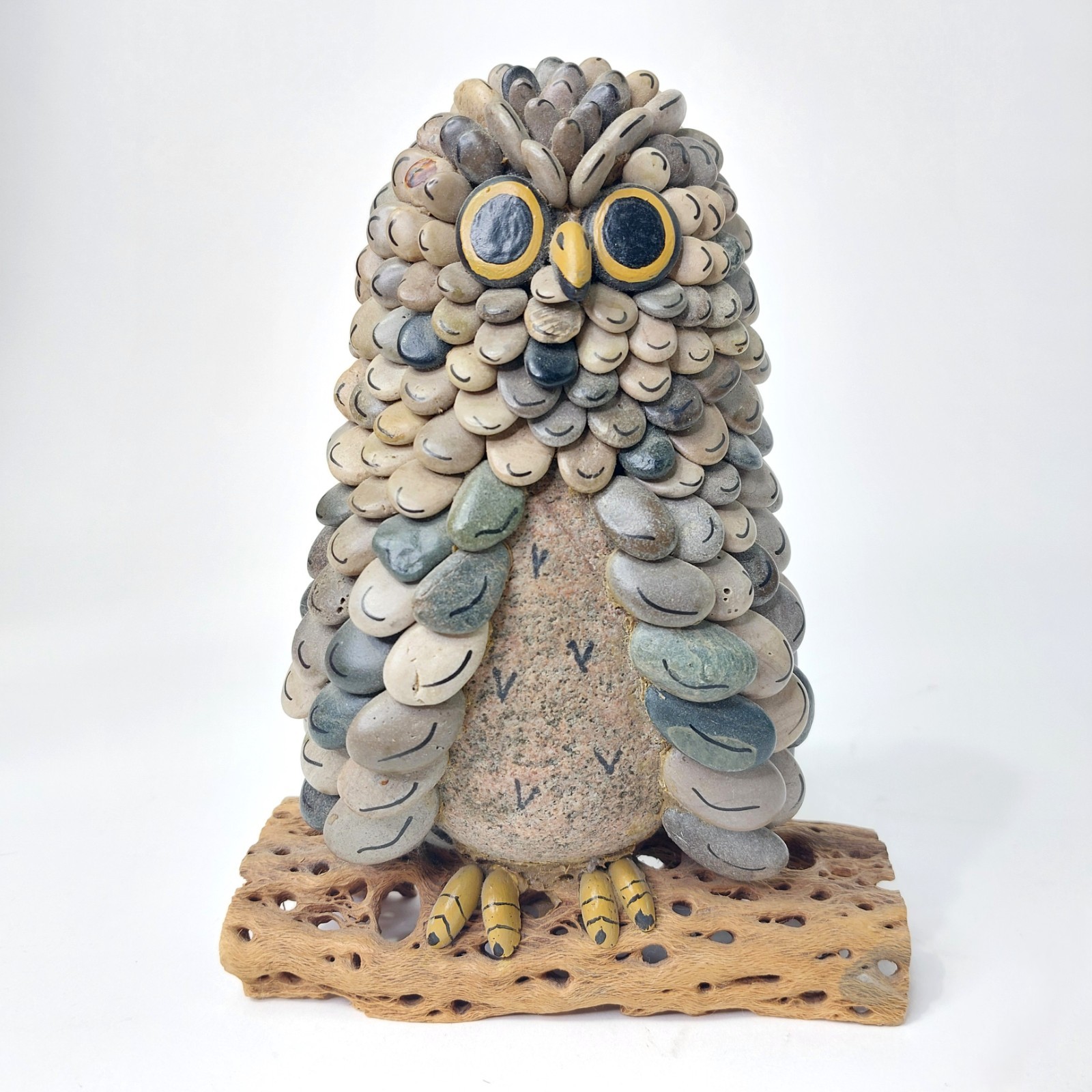 Vintage Handmade MCM Whimsical Folk Art Pebble Owl Figurine Driftwood Base 4.75&Prime;