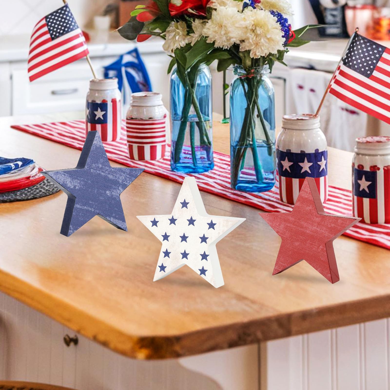 4th of July Wooden Star Decorations Set 6 Patriotic Memorial Day Red White Blue