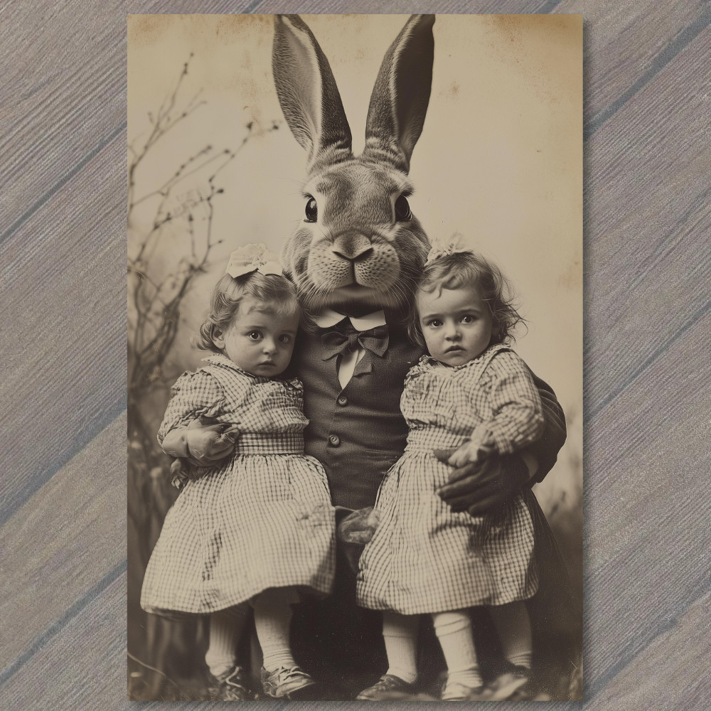 Art Print Creepy Realistic Easter Bunny Holding Twins Disturbing Vintage Style