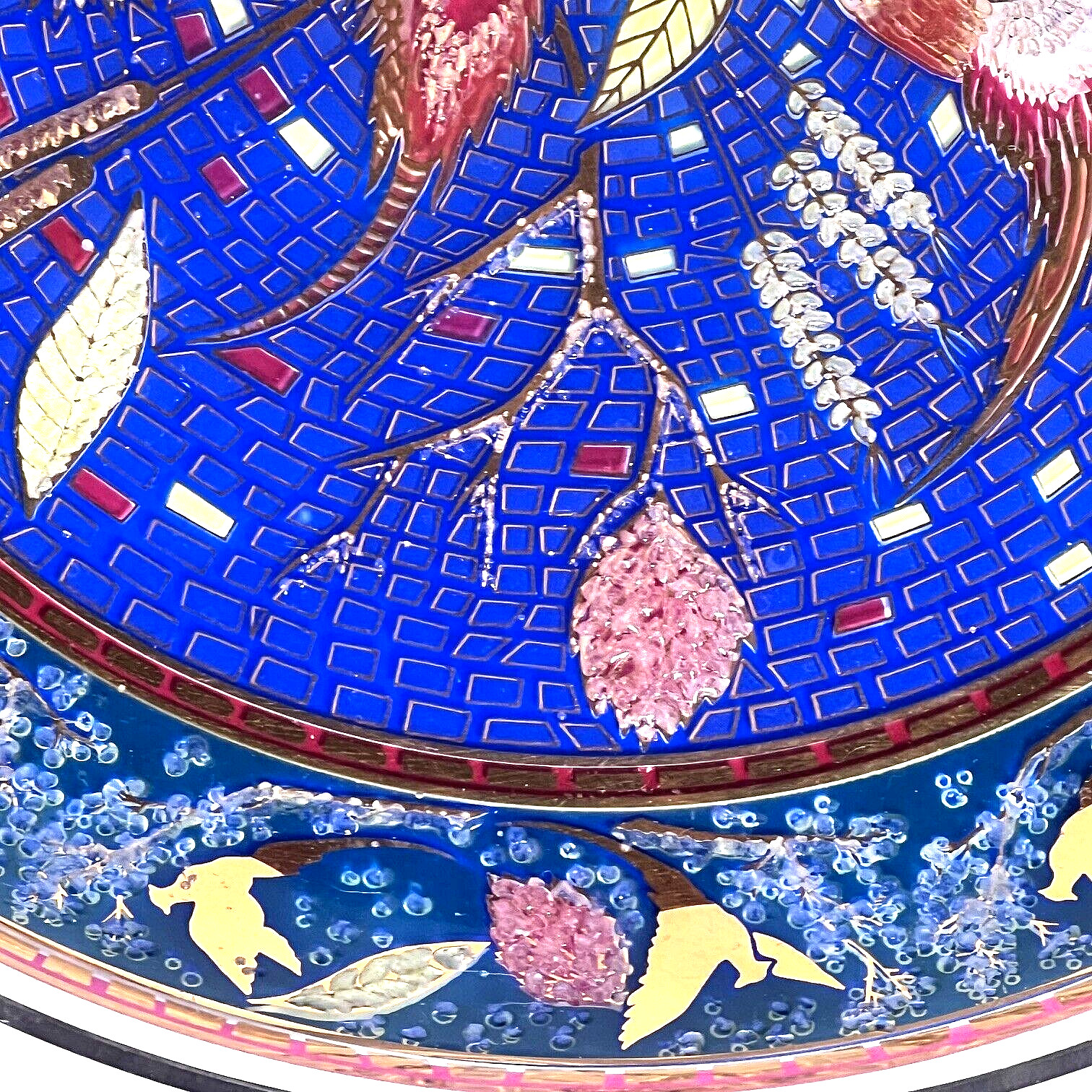 Vtg Houze Art Glass Mosaic Design Plate Blue & Gold w/Pheasants 11&Prime; Diameter