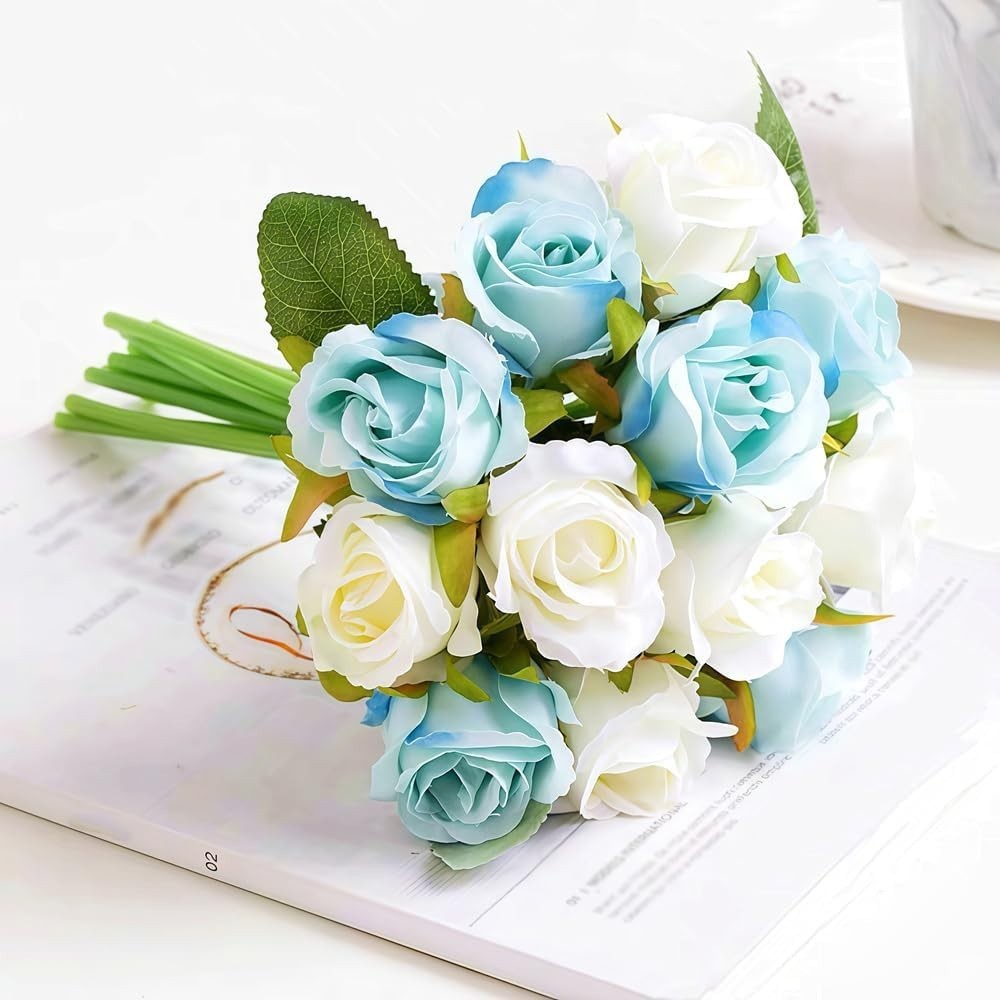 Vibrant Blue and White Roses – Easy Maintenance Silk Bouquet for All Occasions