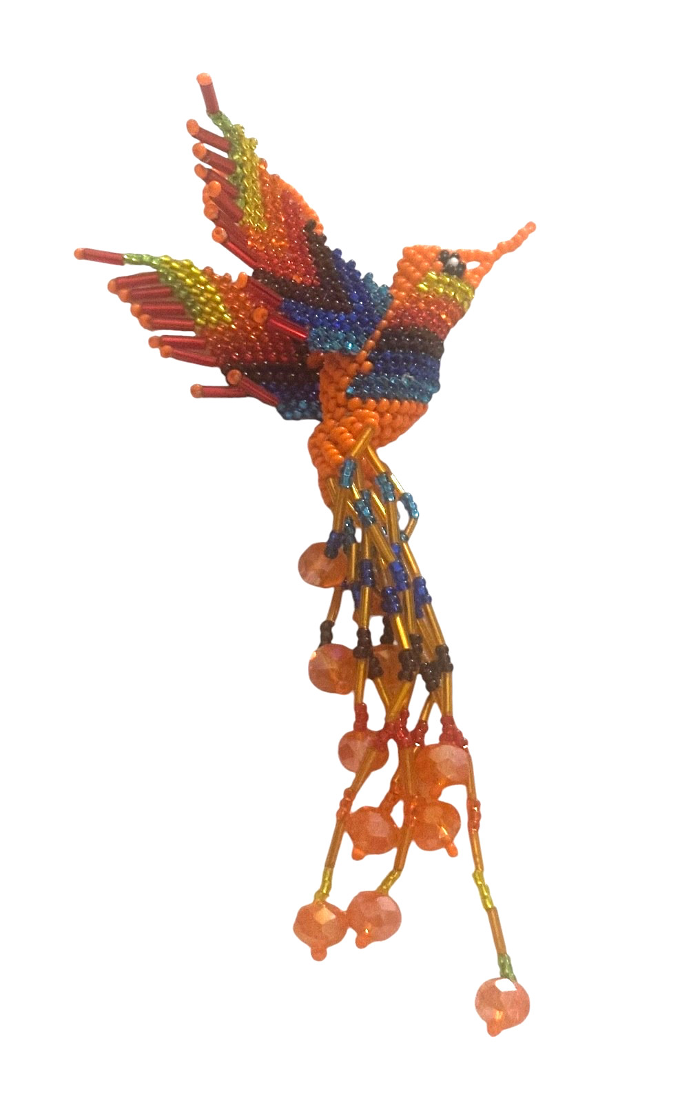 Spirit of Nature Ornament- HUMMINGBIRD- seed beads- orange blue yellow green