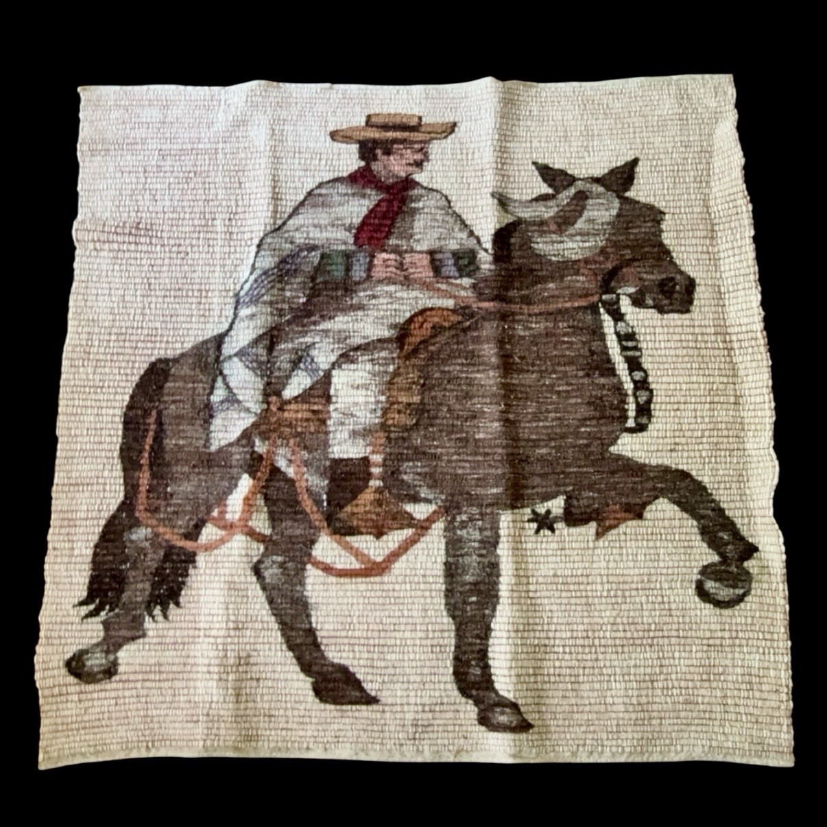 Vintage Beautiful Handwoven Peruvian Wool Weaving Tapestry Vaquero Pictorial Rug