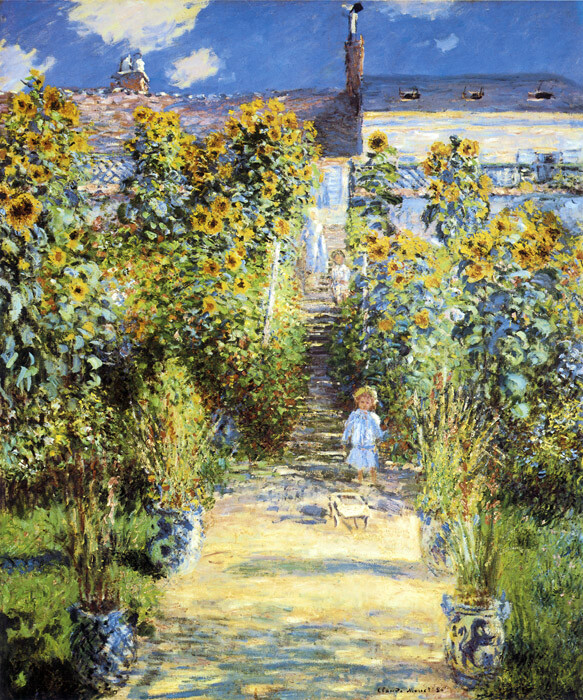 THE ARTIST&rsquo;S GARDEN AT VETHEUIL 1880 CHILDREN FLOWERS BY CLAUDE MONET REPRO