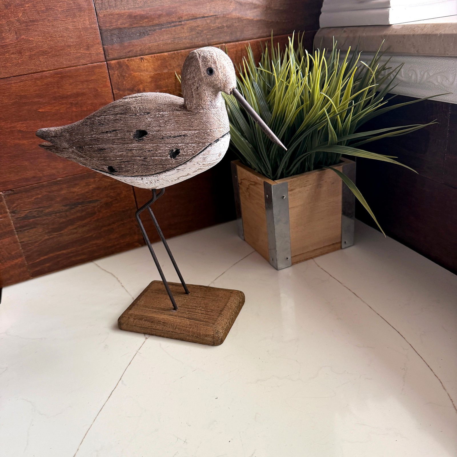 Decorative Sea Bird Figurine Weathered Wood Metal Coastal Statue 10.75 In