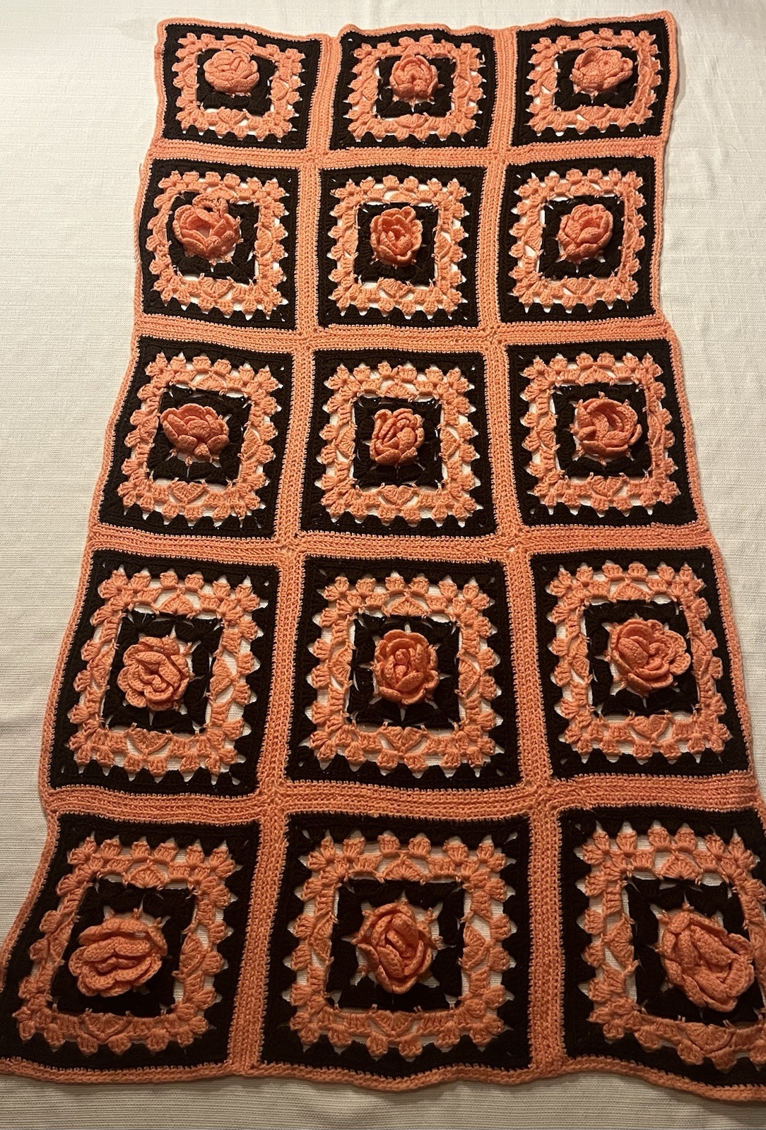 Vintage Crochet Brown/Peach 3D Rose Afghan Granny Rectangle Lap Blanket 62 X 32