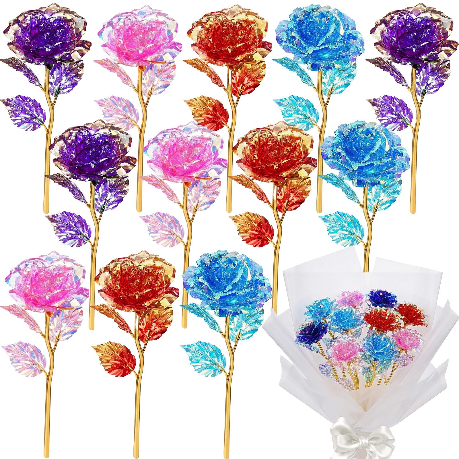 12 Pcs 24K Galaxy Rose Artificial Flowers, 4 Colors Forever Rose Gifts for Women