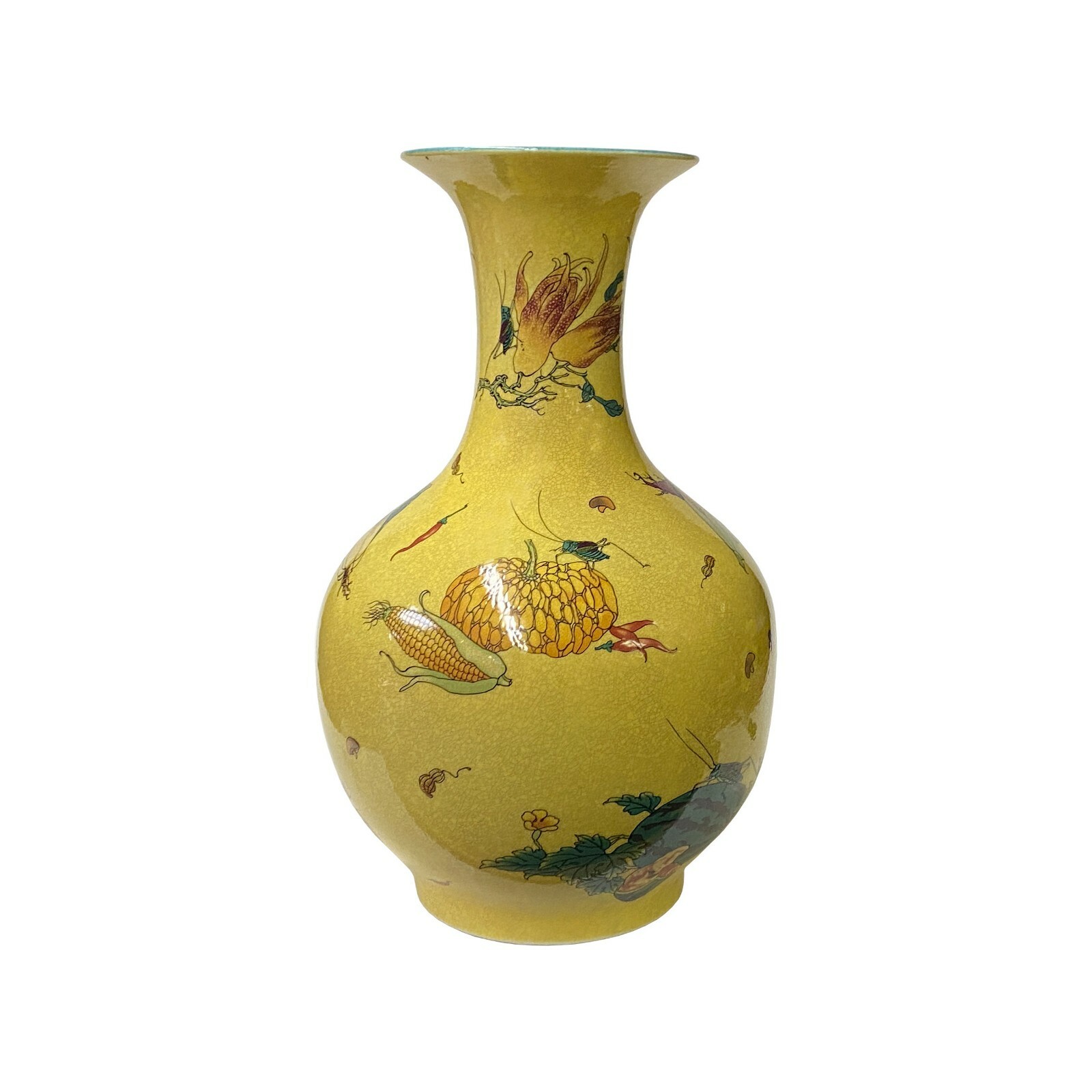 Chinese Crackle Yellow Porcelain Fruit Grasshopper Graphic Vase ws1648