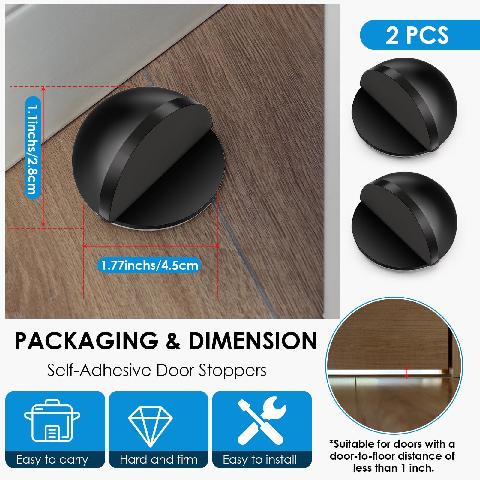2 Pcs Self Adhesive Door Stoppers, Stainless Steel Floor Door Stop Wall Prote…