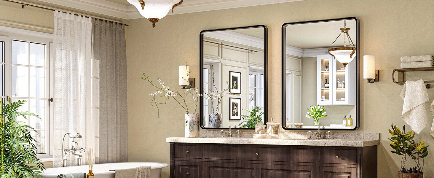 Black metal framed rounded rectangle bathroom mirror 3 sizes Matte black