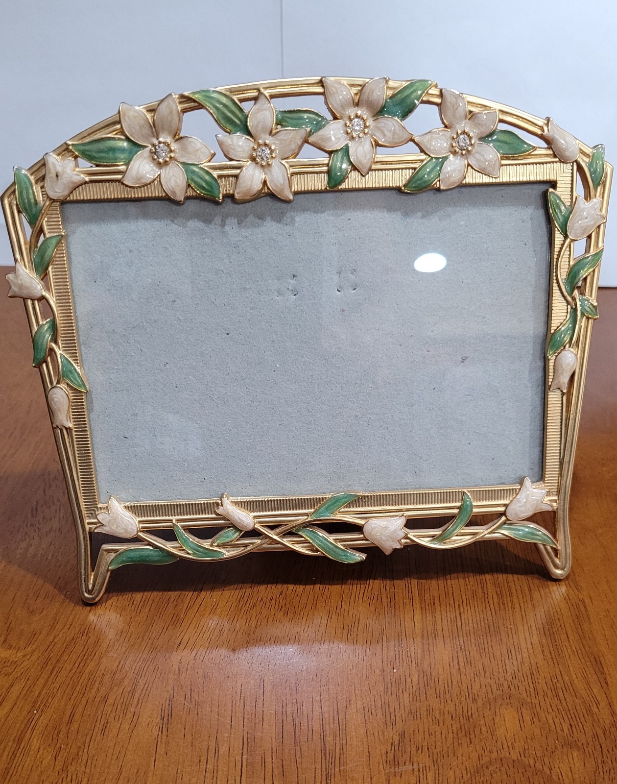 Pink Enamel Flowers Crystal Rhinestones Metal Picture Photo Frame Vtg Carr 7 X 6
