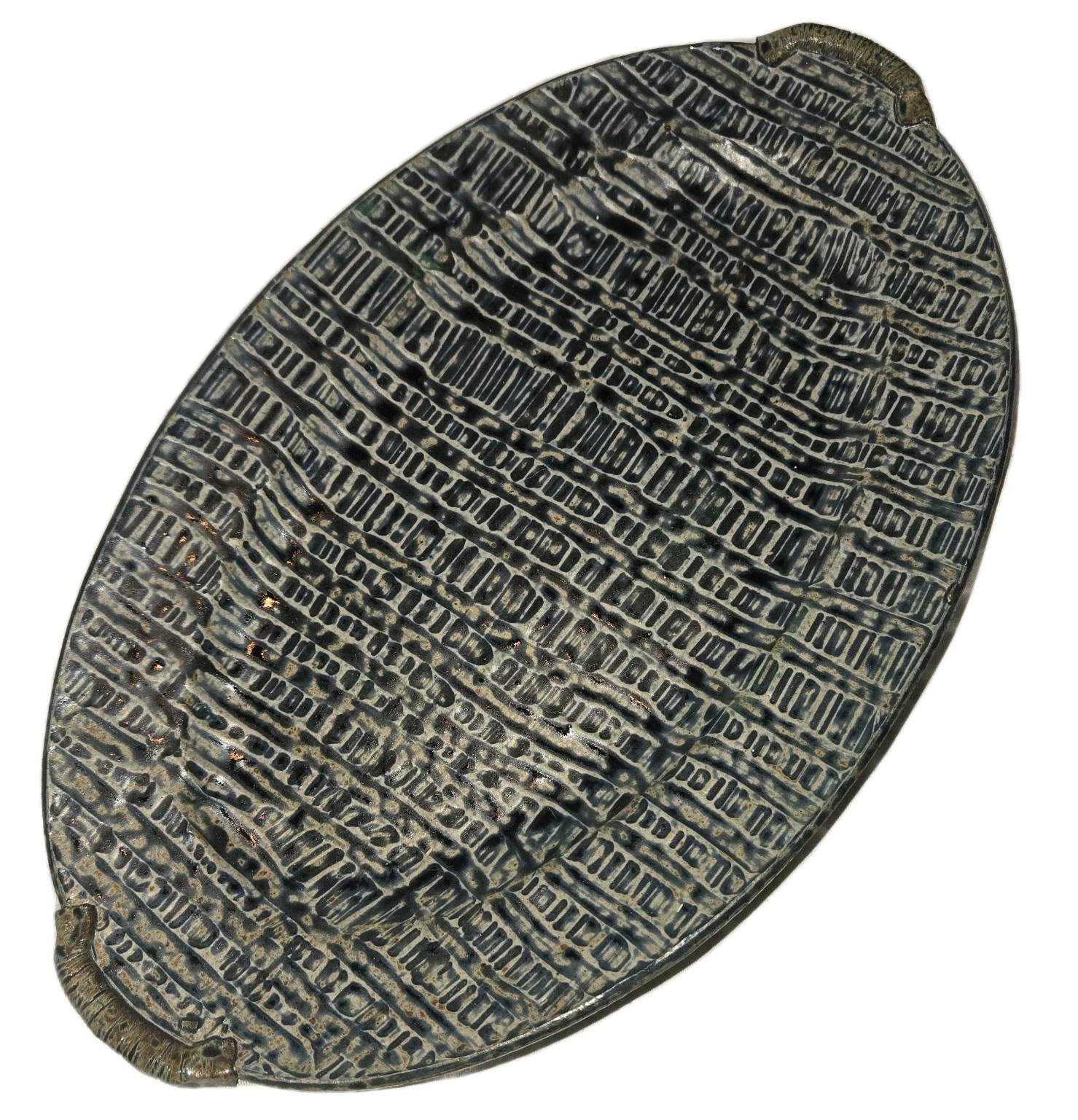 Studio Art Pottery Oval Serving Platter Tray Blue Mosaic Geometric Design Signed