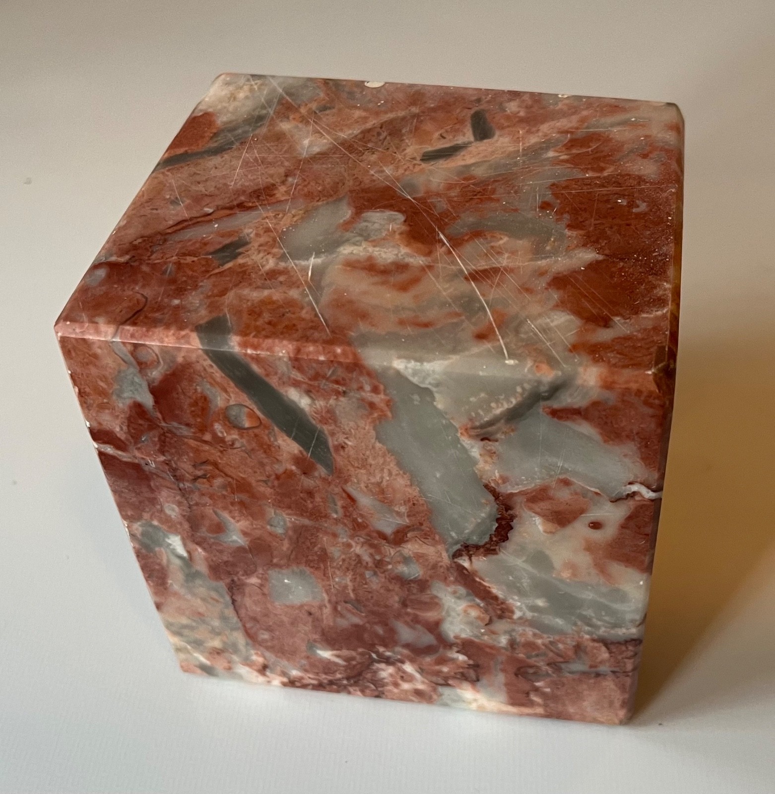 Mid-Century Modern MCM Pink Gray Solid Specimen Marble Display Stand Brick Cube