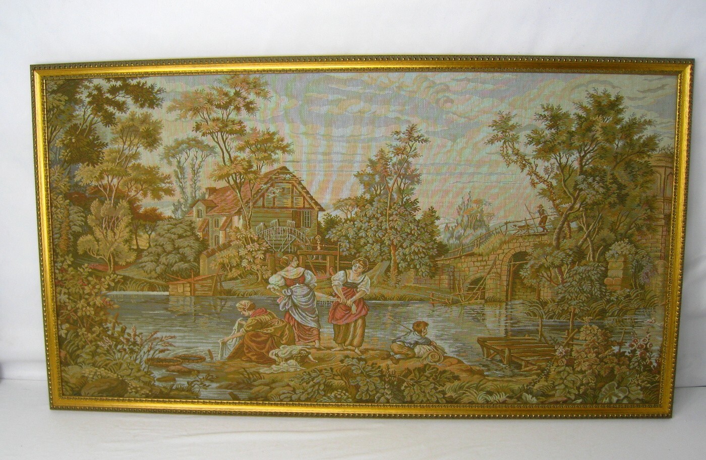 Italian Tapestry Washing Day At The Mill Horizontal Framed 33.5&Prime; x 18.5&Prime;