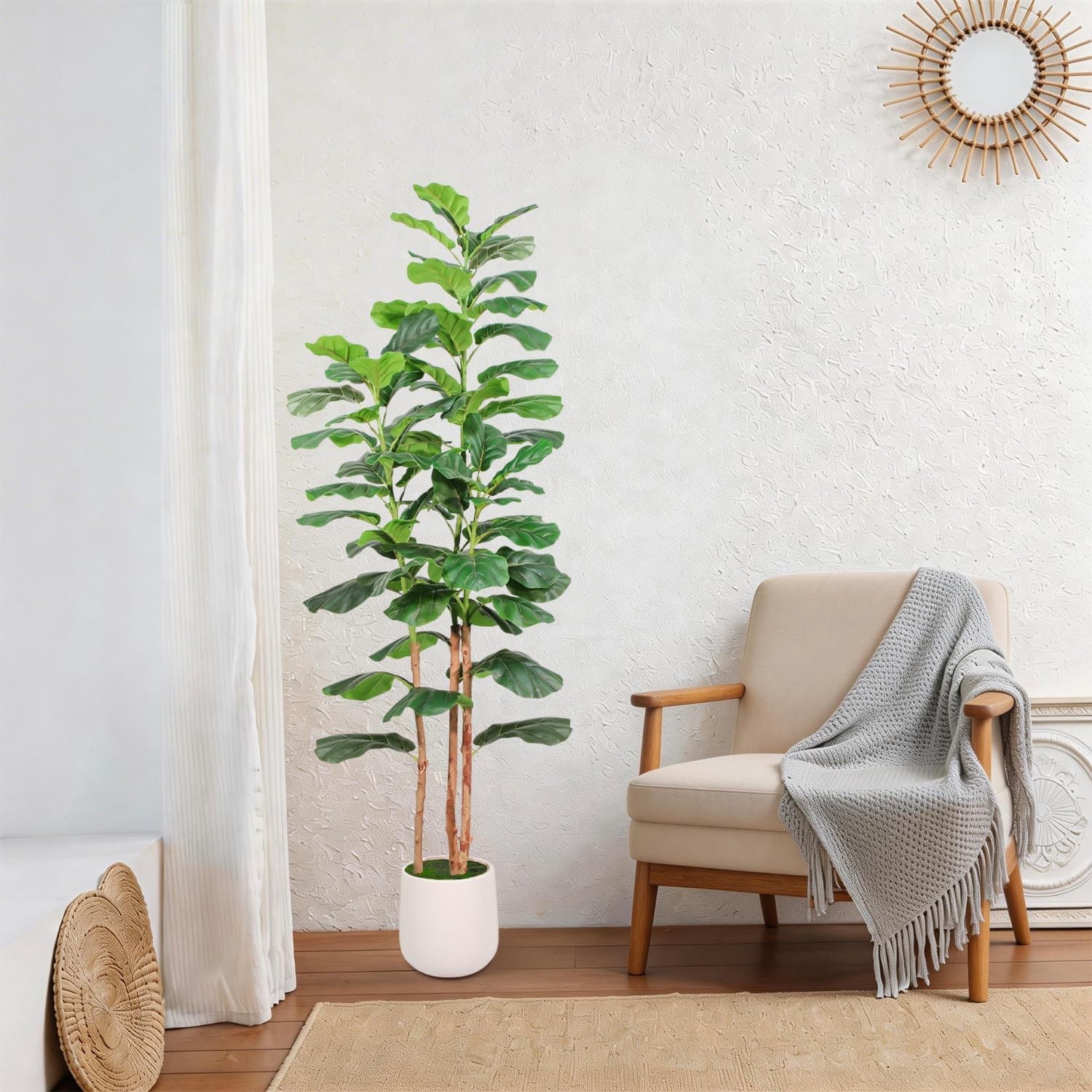 Artificial Fiddle Leaf Fig Tree with White Planter, 5ft Tall Faux Ficus Tree