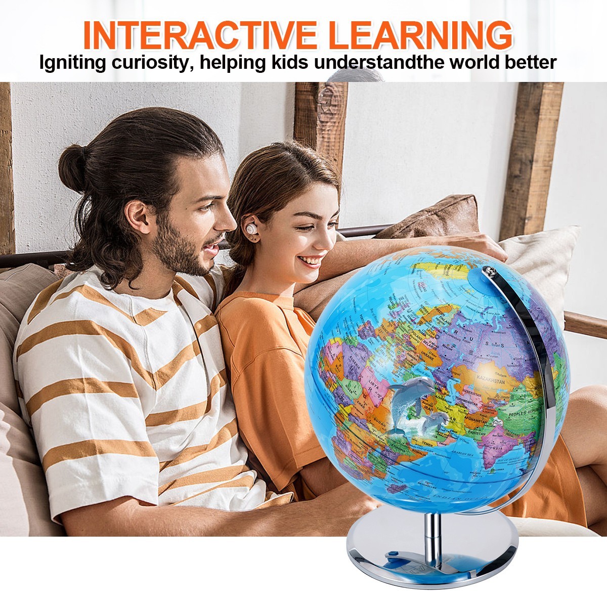 Large 3D World Globe Earth Ocean Rotating World Map Geography w/ Stand Desktop