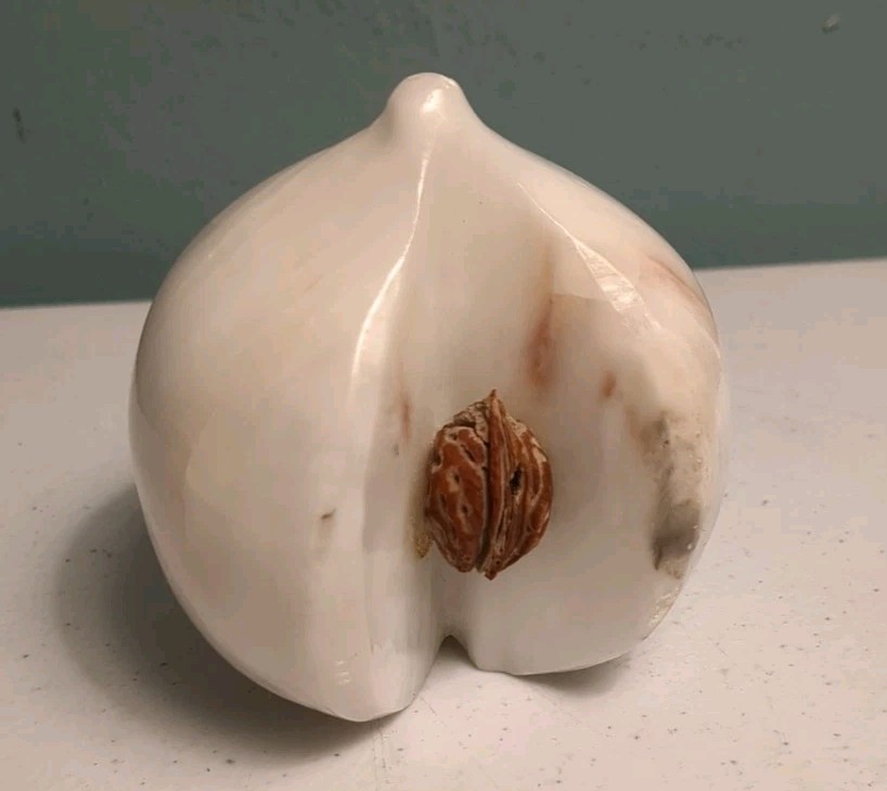 Vintage Carved Alabaster Stone Marble White W Peach Stone Fruit Decoration