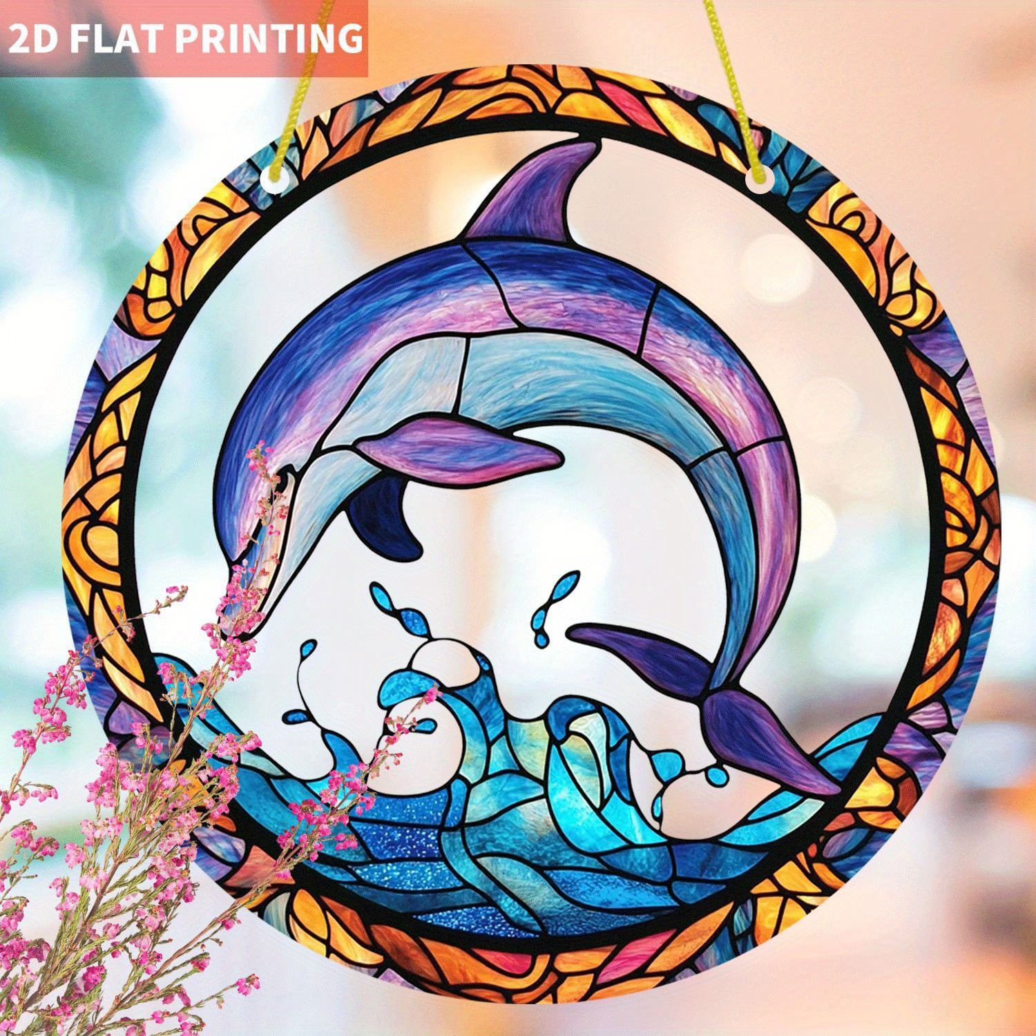 Leaping Dolphin Ocean Wave Round Acrylic Suncatcher Coastal Window Hanging Decor