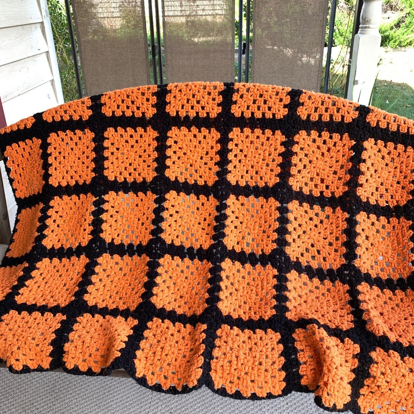 Vintage-Style Granny Square Afghan Blanket Knit Throw Orange Black Fall 48&Prime; X 62