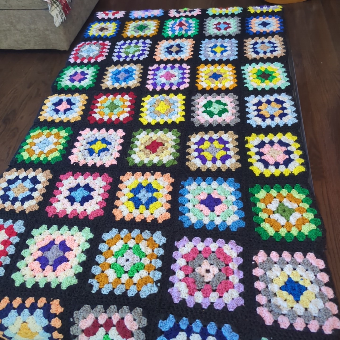 Handmade Floral Granny Square Crocheted Vintage Lap Blanket 30 x 56 Rosanne