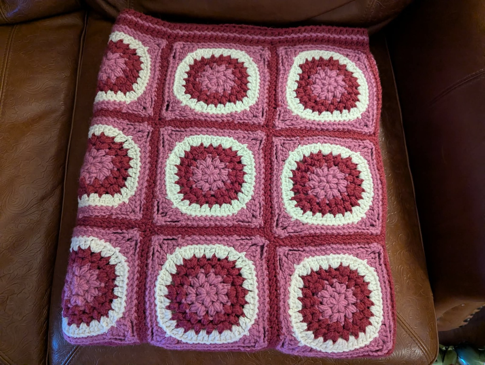 VTG Handmade Granny Square Crochet Blanket Throw Afghan 39”x 67” Pink & White