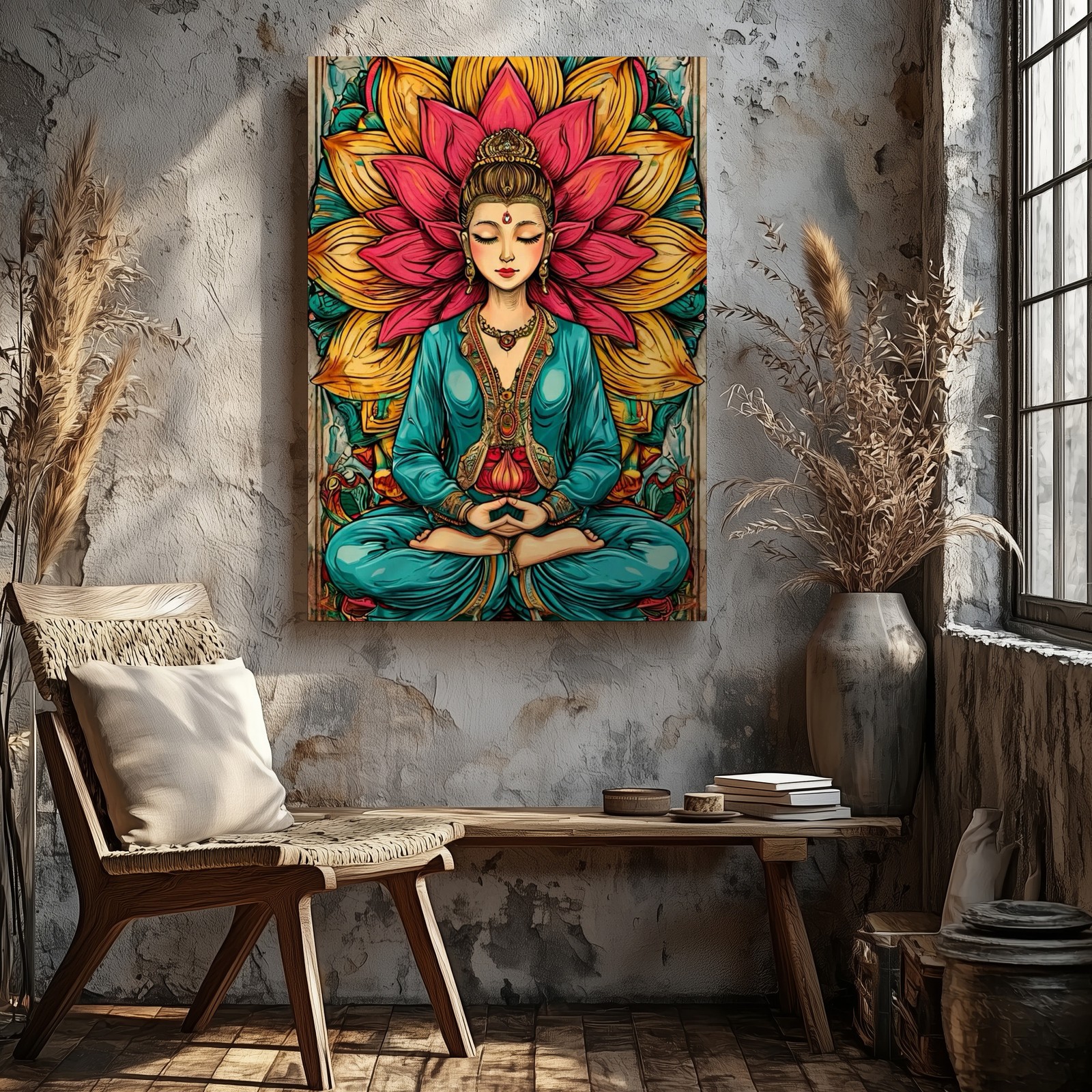 Meditating Woman Lotus Flower Yoga Zen Asian Inspired Colorful Canvas Wall Art