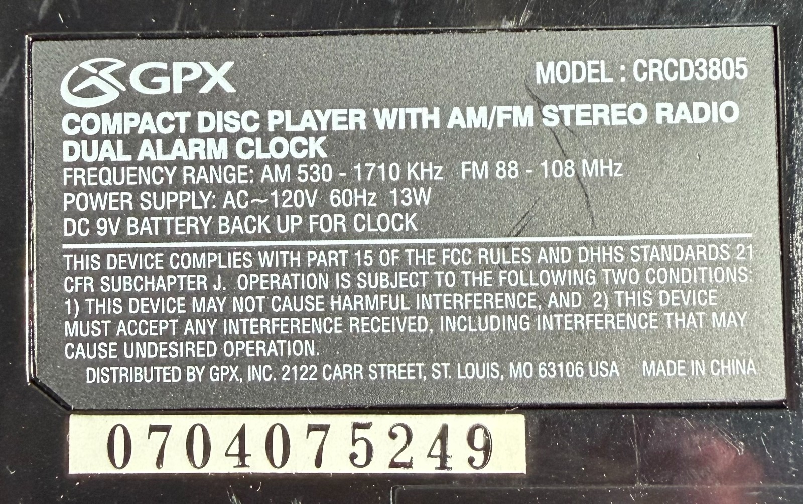 GPX CD Player AM/FM Radio Dual Alarm Clock CRCD3805 Battery Backup Tested 2005