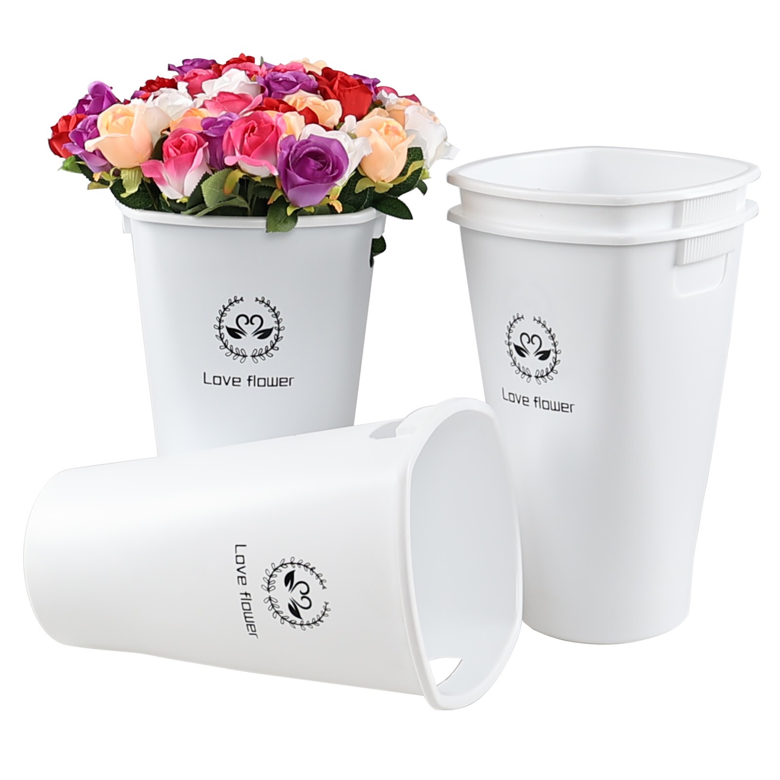 4-Pack 15.75&Prime; Tall Plastic Flower Bucket, Farmhouse French Bucket, Black/ White