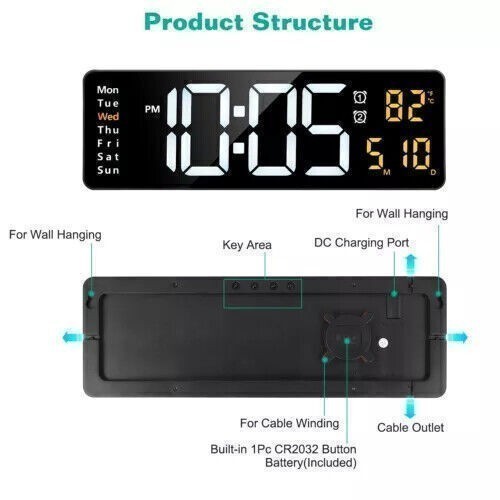 16in Digital LED Desk Alarm Clock Large LCD Display Wall Clock Date With Remote